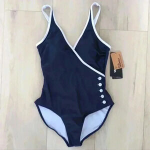 SIMON CHANG | Women's Navy/White Front Wrap Faux Button One Piece Swimsu…